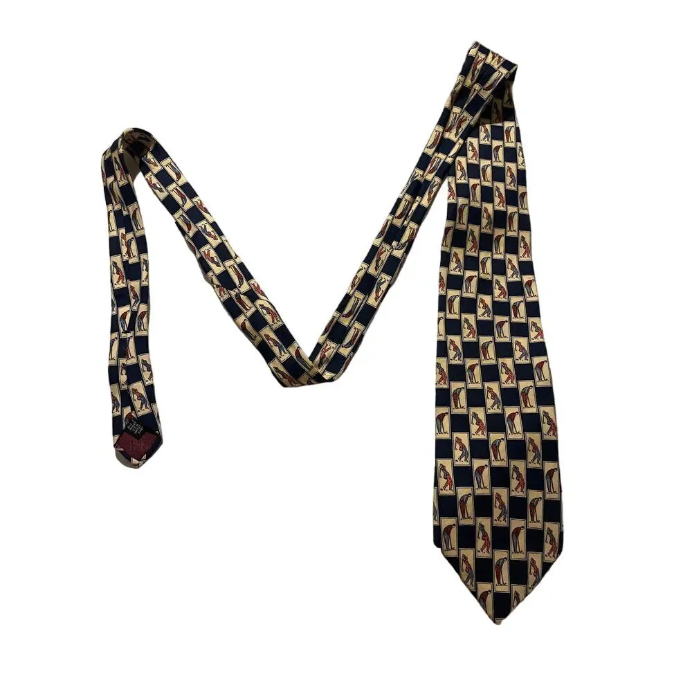 Hathaway‎ Silk Golf Theme Necktie Navy Blue Yellow Checkered Pattern Z-3
